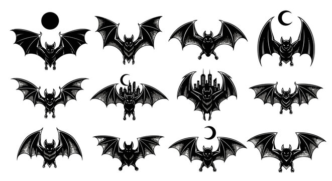 A collection of twelve bat illustrations in various poses, some with moon or city silhouette.