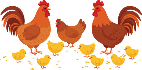 Chickens, roosters, hen, chicks, poultry, farm animals, domestic birds, agriculture, livestock, rural life, family group, cad drawing flat vector illustration © Olaja Vector Vision