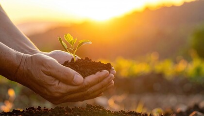 Hands holding plant, enviromental concept