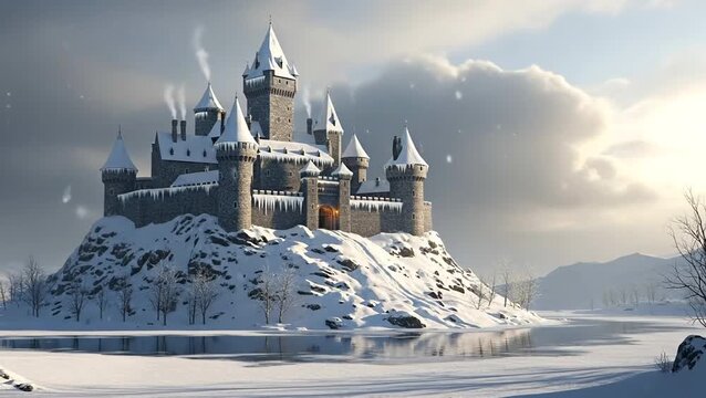 Snowy fantasy castle standing majestically on icy winter mountain landscape
