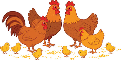 Chickens, roosters, hen, chicks, poultry, farm animals, domestic birds, agriculture, livestock, rural farming, family group, cad drawing flat vector illustration