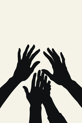 Silhouettes of multiple raised hands reaching upward, symbolizing unity, support, teamwork, and hope. Minimalist vector illustration on light background for social concepts.