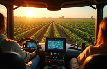 Driverless tractor drives through vast soybean field at sunset. Modern farming tech uses AI navigation for precision agriculture. Rural landscape glows with golden hour light, showing efficient