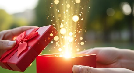 Hands opening a red gift box, with magical golden light and particles emanating from within