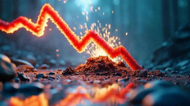 Concept of economic collapse by falling graph, chart, highlighting global recession fueled by inflation, stock market crash, financial crisis, falling income, GDP decline, capital reduction..