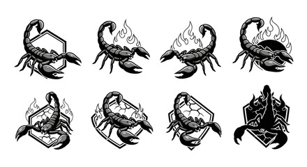 Eight scorpion illustrations in black and white, some with geometric shapes and flames behind them.