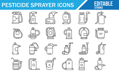 Farming Equipment Line Vector Icons – Pressure and Electric Pesticide Sprayers