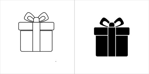 Gift box icon in black and white, present with ribbon