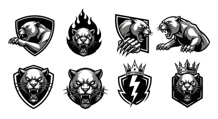 Collection of eight monochrome panther mascot designs, featuring shields, flames, lightning, crowns, and aggressive poses.