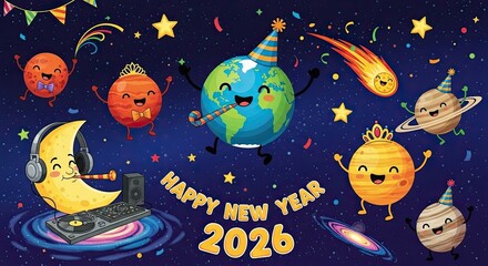 Happy New Year 2026 Celestial Celebration of Planets and Stars