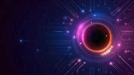 Obraz premium Vector illustration of circuit board and camera lens, glowing neon lines in blue, purple, red, and orange on dark background, high tech digital technology concept