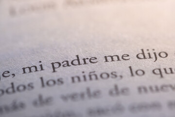Extreme close-up of printed Spanish text on book paper. Macro view of literary typography, ideal for concepts of storytelling, literature, reading and communication.