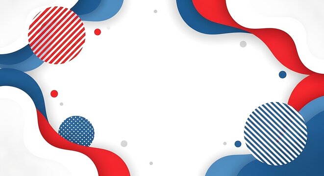 Abstract background with red, blue, and white wavy shapes and circles, evoking a patriotic theme