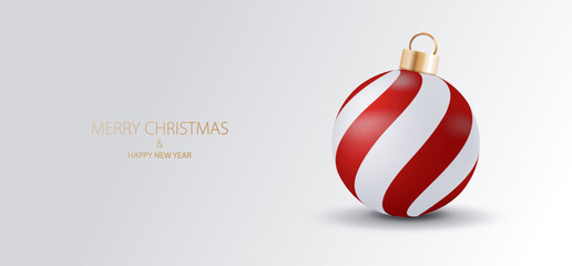 Realistic red and white 3d Christmas ball. Merry Christmas vector card. Holiday concept.