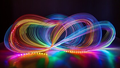 Rainbow Colored Abstract Light Installation Intricate Flowing Lines Of Neon Light In A Spectrum Of Colors Organized In Rows On A Light Colored Base