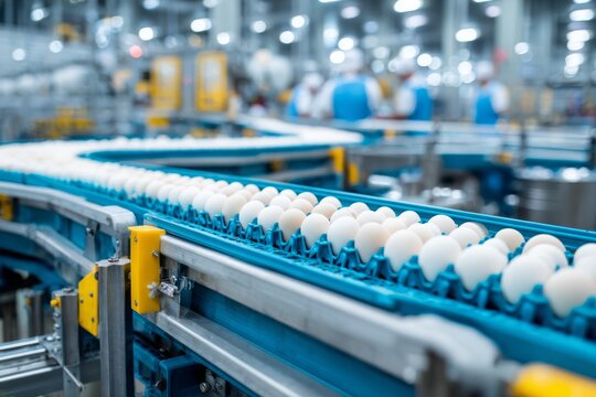 Eggs moving on a modern blue conveyor belt in a food processing factory, showcasing automated food production and industrial technology in a bright environment.