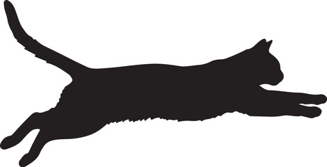 Black silhouette of a cat in mid-air leap on a white background feline animal on transparent background