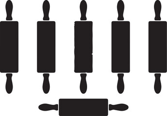 Collection of black silhouettes of rolling pins for baking cooking kitchen on transparent background
