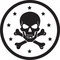 Black skull and crossbones emblem with stars inside a circular border on a white background symbol danger on transparent background