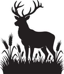 Silhouette of a stag with large antlers standing in tall grass and reeds on a white background deer animal on transparent background