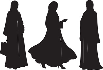 Silhouette of three women in traditional Islamic clothing with one holding a handbag and another pointing on transparent background