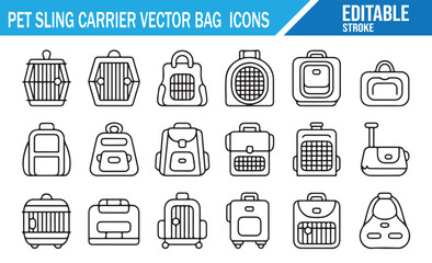 Line Art Pet Travel Carrier Icons Collection – Crates, Bags, and Backpacks