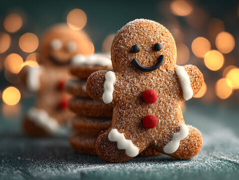 Gingerbread man. Festive background with smiling gingerbread man cookies over blurred bokeh background, copy space. Happy winter holidays concept. Merry Christmas and Happy New Year banner