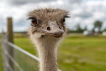 Close-up portrait of an inquisitive ostrich with lush eyelashes in a green field, showcasing its unique features and curious gaze on a cloudy day in nature.