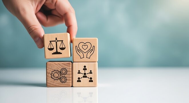 Hand places wooden block with scales of justice symbol, representing fairness and legal principles