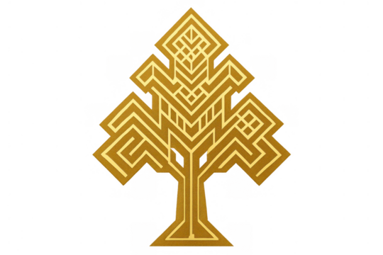 Golden abstract tree symbol with geometric art deco style lines, representing growth, nature, luxury, and connection with transparent background - Powered by Adobe