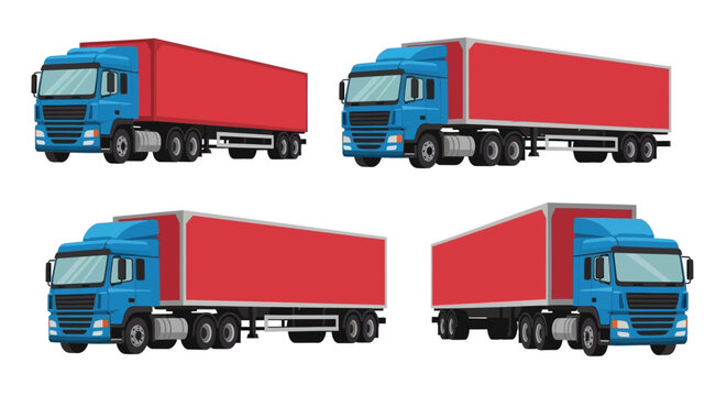 Four illustrations of modern blue and red semi trucks in various angles