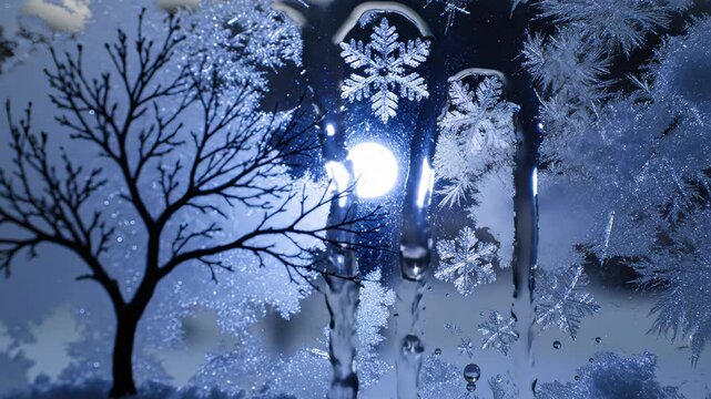 Frosty winter scene with intricate snowflakes and a glowing moon, camera pans through delicate ice formations, revealing a serene atmosphere and enchanting textures