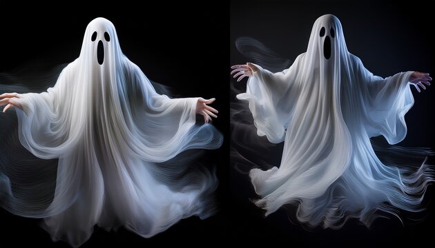 Set Of Classic Ghost Illustrations With Motion Blur Effect Isolated On Transparent Background
