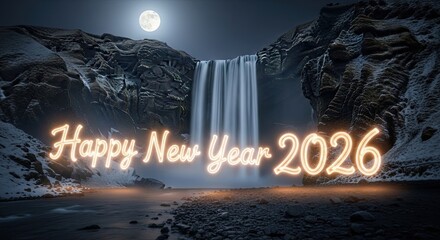 Happy New Year 2026 With Waterfall and Moon
