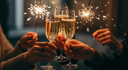 Sparkling champagne glasses with sparklers celebration