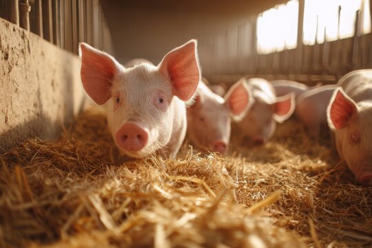 A group of pink piglets resting on straw in a pigpen under sunlight, creating a warm, cozy, and adorable farm scene with focus on the nearest piglet's face.