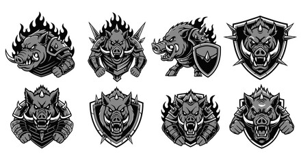 A collection of stylized illustrations featuring fierce wild boars with armor and shields.