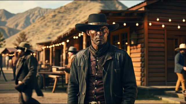 African American cowboy or bandit like in western movie, tough black man wearing hat and vintage outfit in town, concept of wild west, sheriff, outlaw
