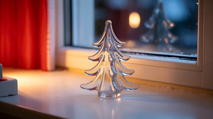Clear Glass Christmas Tree Ornament on Snowy Window Sill – Winter Holiday Decoration, Moody Hygge Decor, Golden Candlelight Glow, Pine Decoration on Frosted Ledge, Blue Dusk View, Festive Still Life