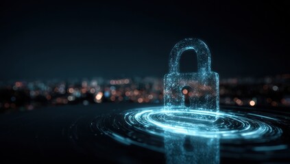Glowing digital padlock hovers above swirling light trails at night.