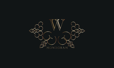 Vector elegant element for design template, place for text with initial letter W. Lace decor for greeting card, invitation, label, business sign.