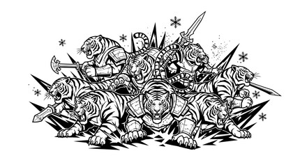 A group of armored tigers and a knight stand together, surrounded by spears and snowflakes in a black and white illustration.