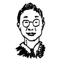 Portrait of a funny Korean or Chinese man wearing glasses. HHand drawn linear doodle rough sketch. Black and white silhouette.