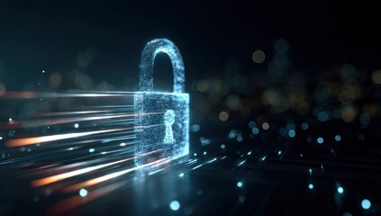 Digital padlock icon with light streaks over dark abstract background.