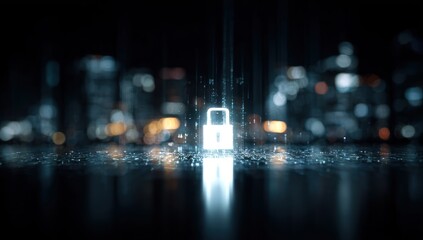 Glowing digital padlock hovers over a dark abstract data surface.