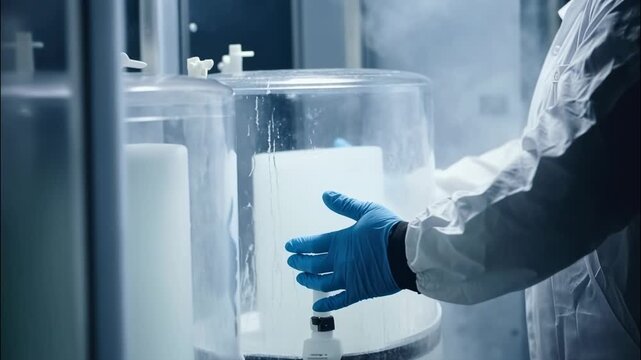 Medical worker works with frozen cryo storage for cryopreservation of sperm and egg donation in lab, concept of ivf and cryogenics