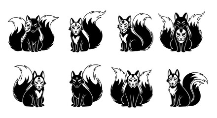 A collection of stylized black and white fox illustrations, each with unique facial markings.