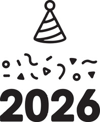 Minimal New Year 2026 design, bold black lines, solid shapes, no gradients, clean vector style, centered layout for T-shirt or hoodie print, white background, simple modern festive theme