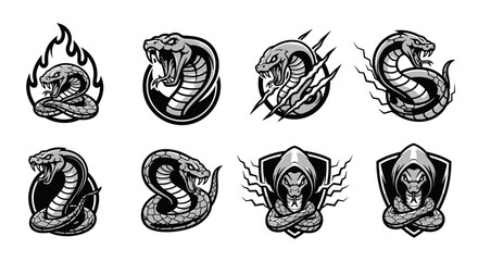 Collection of monochrome cobra snake emblems, including hooded figures and fiery designs.
