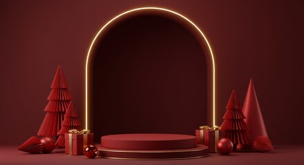 Festive Red Podium Stage with Gold Neon Arch and Christmas Decorations. Minimalist 3D Product Display Background for Noel and Winter Holidays.